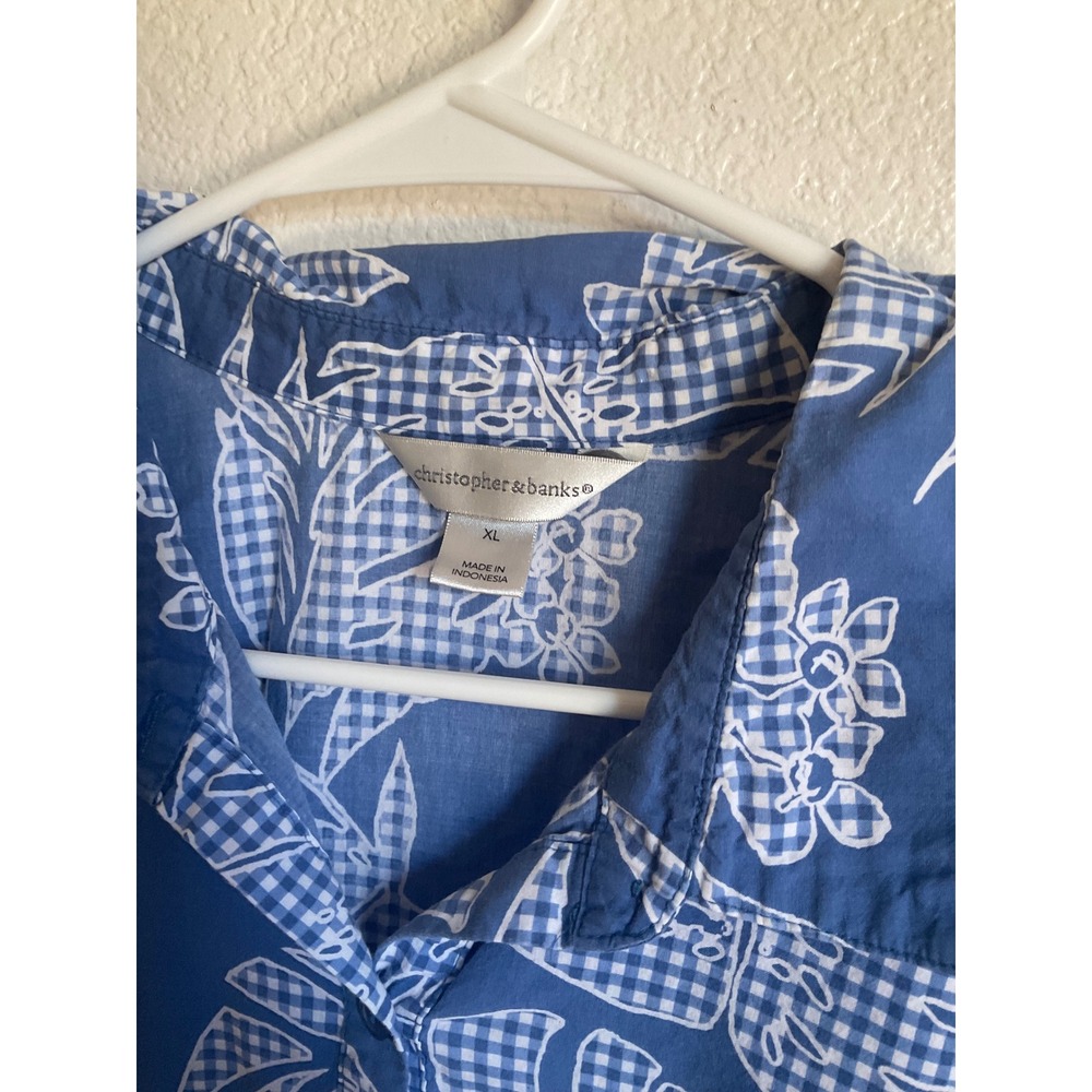 Christopher & Banks Blue White Floral Gingham Tie Front Bell Sleeve Top XL - Picture 2 of 8